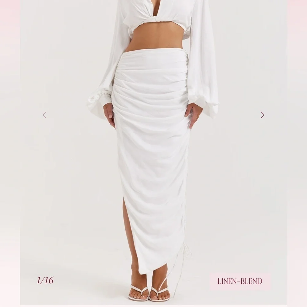 New House of CB Loie Gathered Maxi Skirt White Linen Blend Ruched Slit Sz XS
